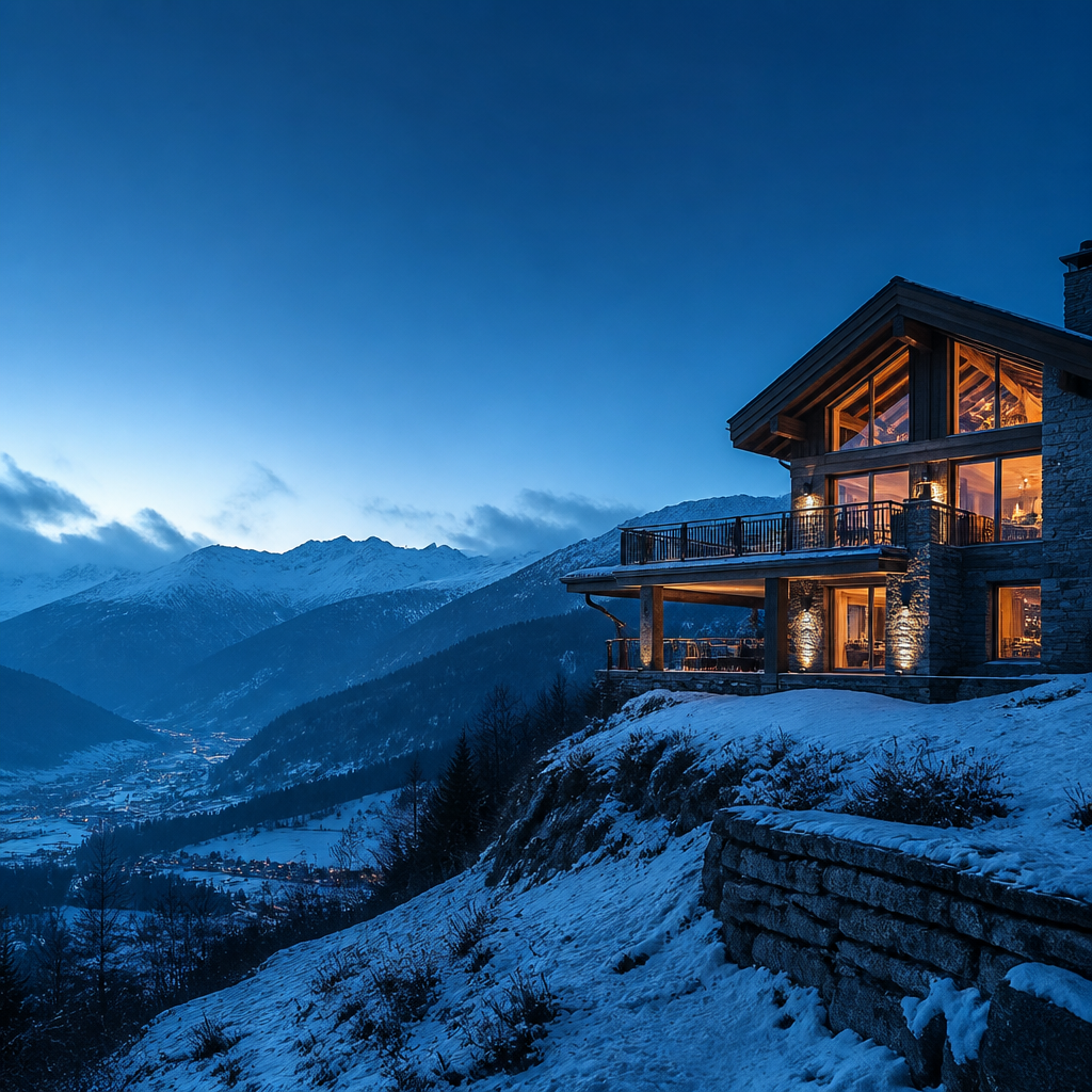 Modern chalet above a snow-covered alpine valley