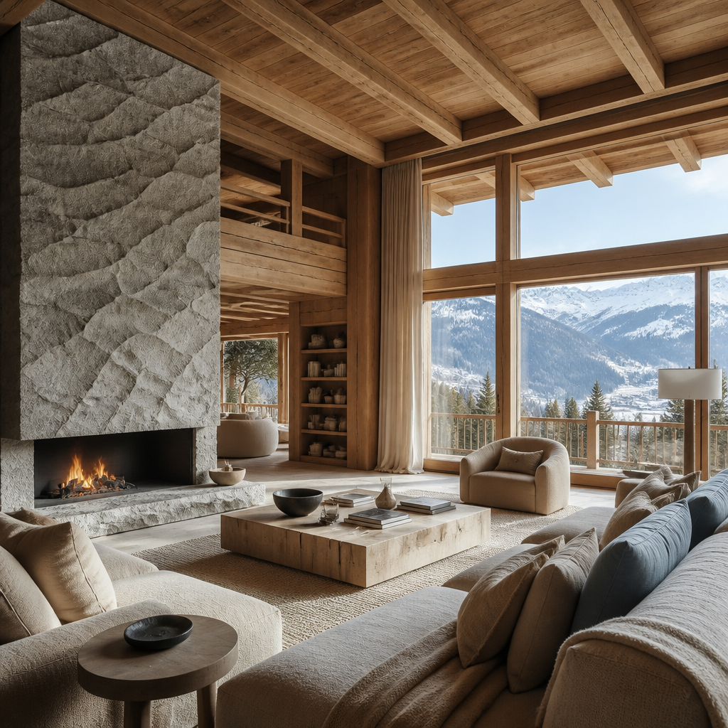 Mountain chalet viewed across an alpine valley